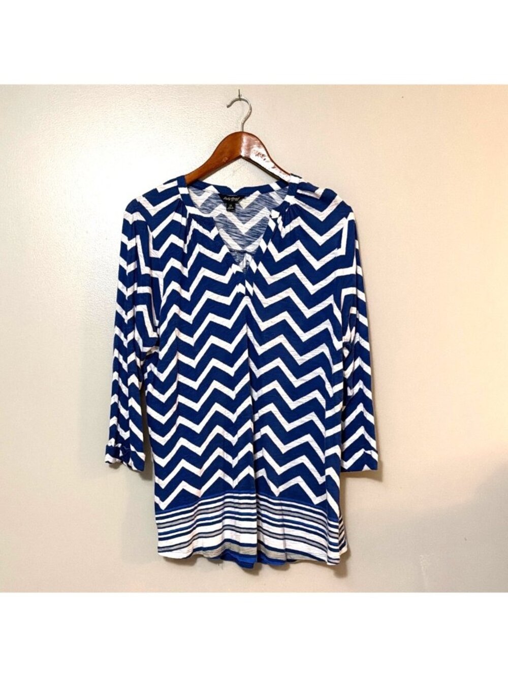Lucky Brand Blue & White Chevron Print 3/4 Sleeve Tunic‎ Top 1X Cotton Modal